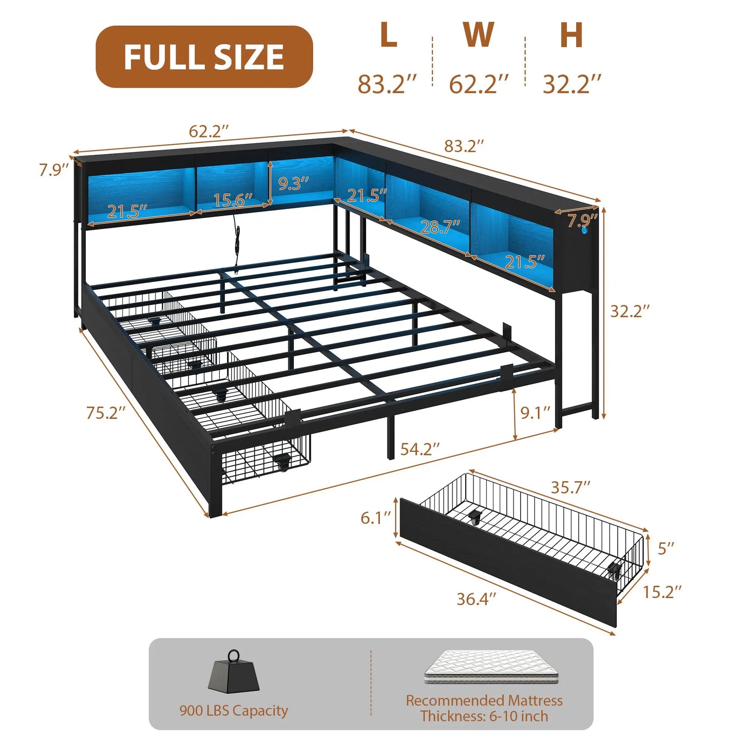 Twin/Full Corner Bed Frame With Bookcase Headboard, RGB LED Lights, 2 Drawers, Charging Station, Reversible, 2 AC 2 USB Ports