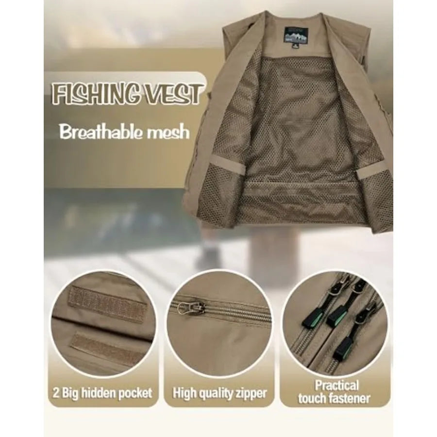2 Pcs Men's Fishing Vest Sun Hat Multi Pocket Safari Vest for Outdoor Hiking Summer Travel