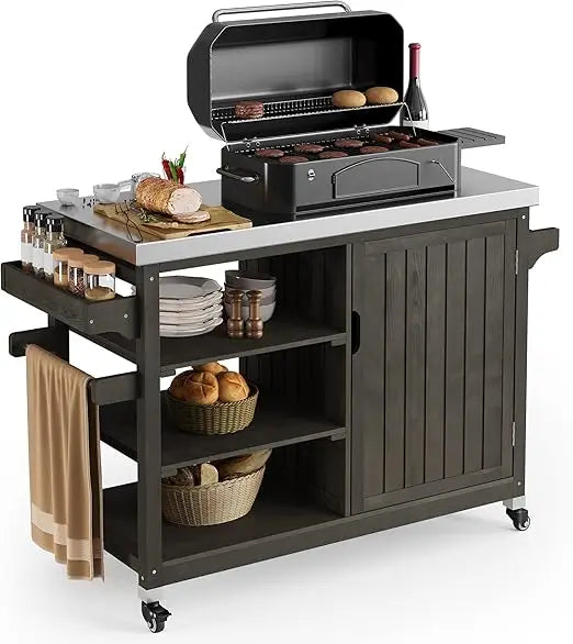 Solid Wood Outdoor Grill Cart With Stainless Table