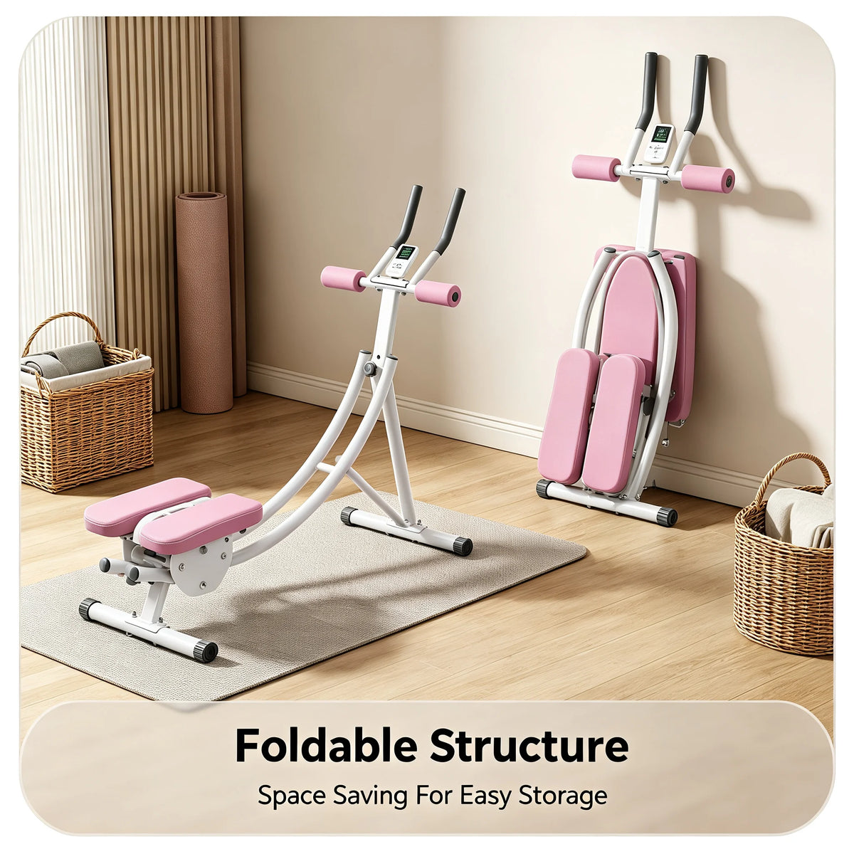 Ab Trainer Machine with LED Display, 3-Level Adjustable Abdominal Workout Equipment with Dual Arc Track, Foldable Core Trainer for Home Gym, Pink