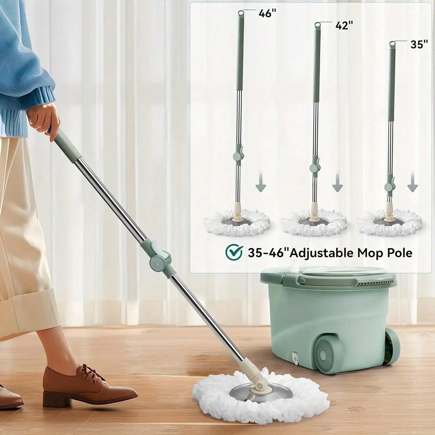 360° Spin Mop And Bucket System With Wringer - 61" Stainless Steel Handle & 2 Microfiber Refills, Self-Cleaning Floor Mop For Tile, Hardwood, Laminate Floors (Green)