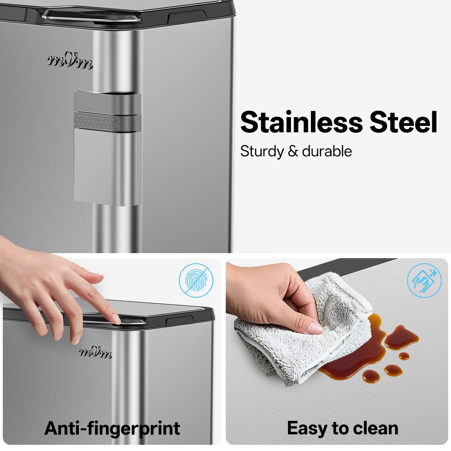 mVm Trash Can Stainless 63L(32L+28L+3L) Kitchen Trash Bin for Recycling Waste