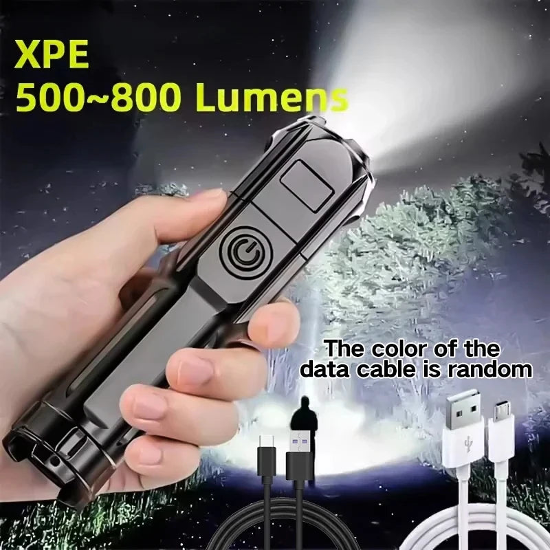 Compact USB Charging LED Flashlight Portable Telescopic Zoom Strong Light Focused Long-Range Household Emergency Lighting