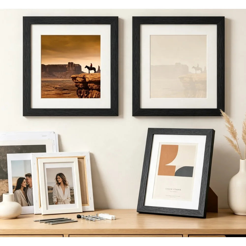 Modern Square 8"X8" Photo Frame, Light‑Weight Textured Black Engineered Wood Wall Hanging Frame with HD Clear Cover
