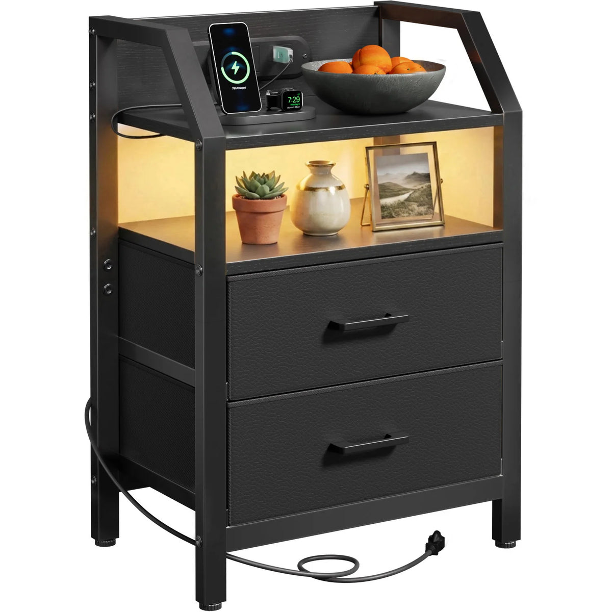 Frodrovia Nightstand With LED Light Charging Station And Drawers