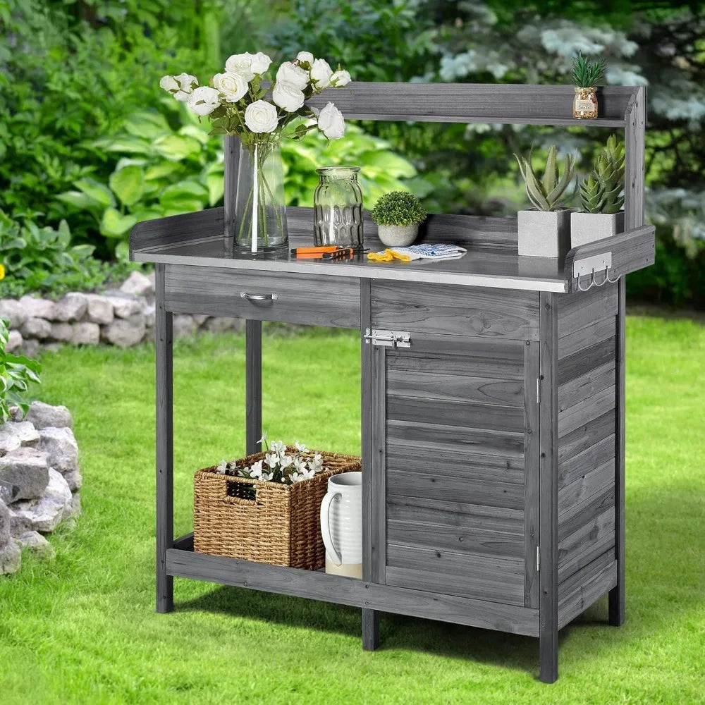 Outdoor Garden Workbench, Garden Worktable with Metal Tabletop, Cabinet Drawers, Open Countertop, Customizable