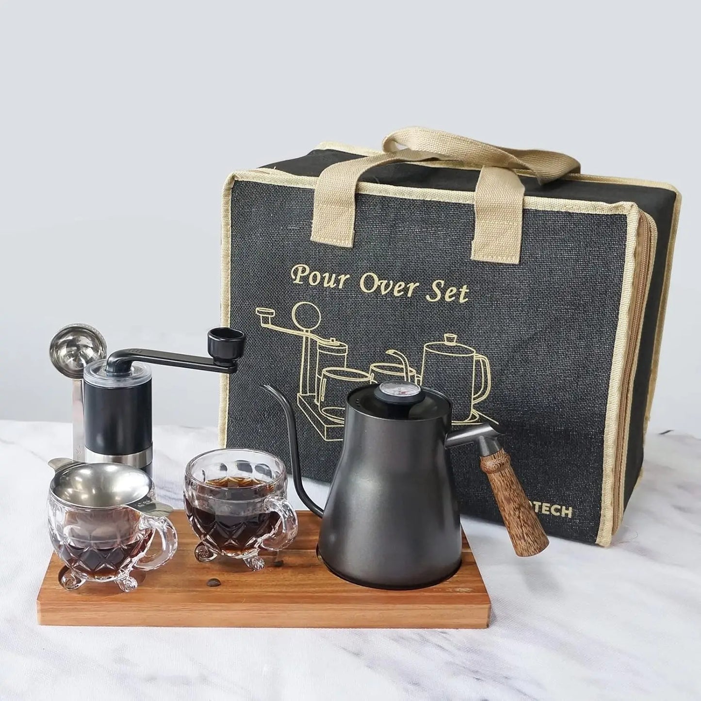 Portable Coffee Maker Set Tea Set And Tray; Manual Grinder; Stainless Steel Scoop & 2 Glass Cups and Wooden Tray