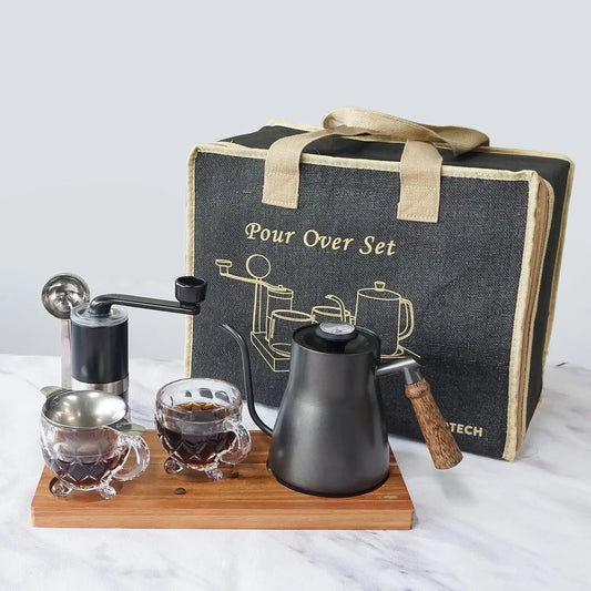 Portable Coffee Maker Set Tea Set And Tray; Manual Grinder; Stainless Steel Scoop & 2 Glass Cups and Wooden Tray