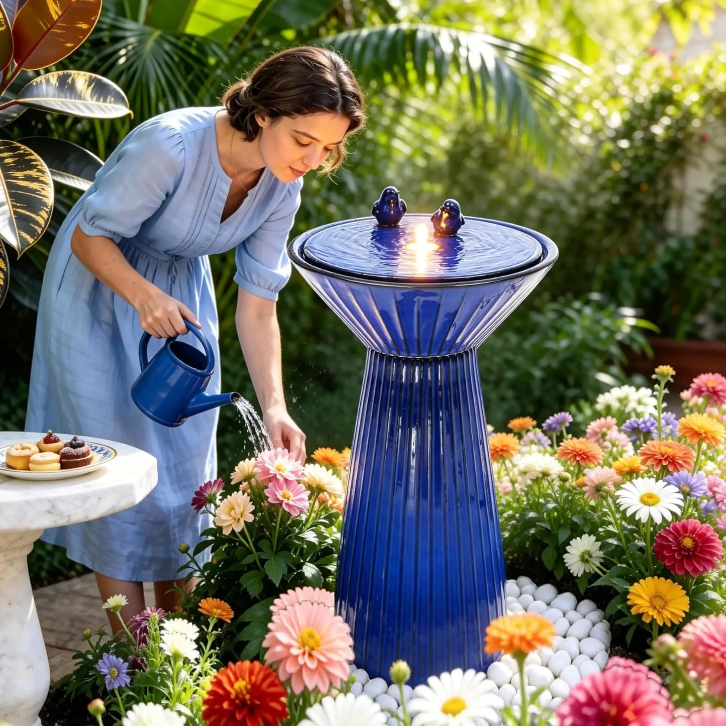 28" Tall Ceramic Outdoor Fountain and Waterfalls, Patio Fountain with LEDs, Birdbath for Outside, Soothing Water Feature for Rel