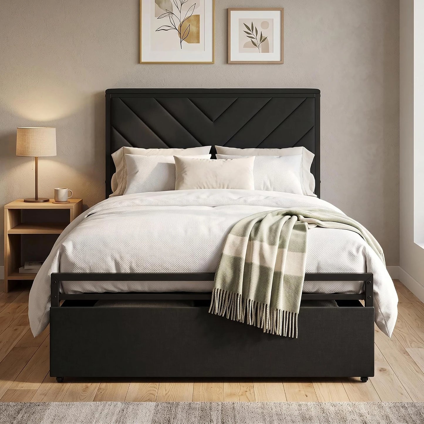 Twin Full Queen Upholstered Metal Platform Bed Frame With Storage Drawers, Headboard Charging Station, V-Pattern, No Box Spring