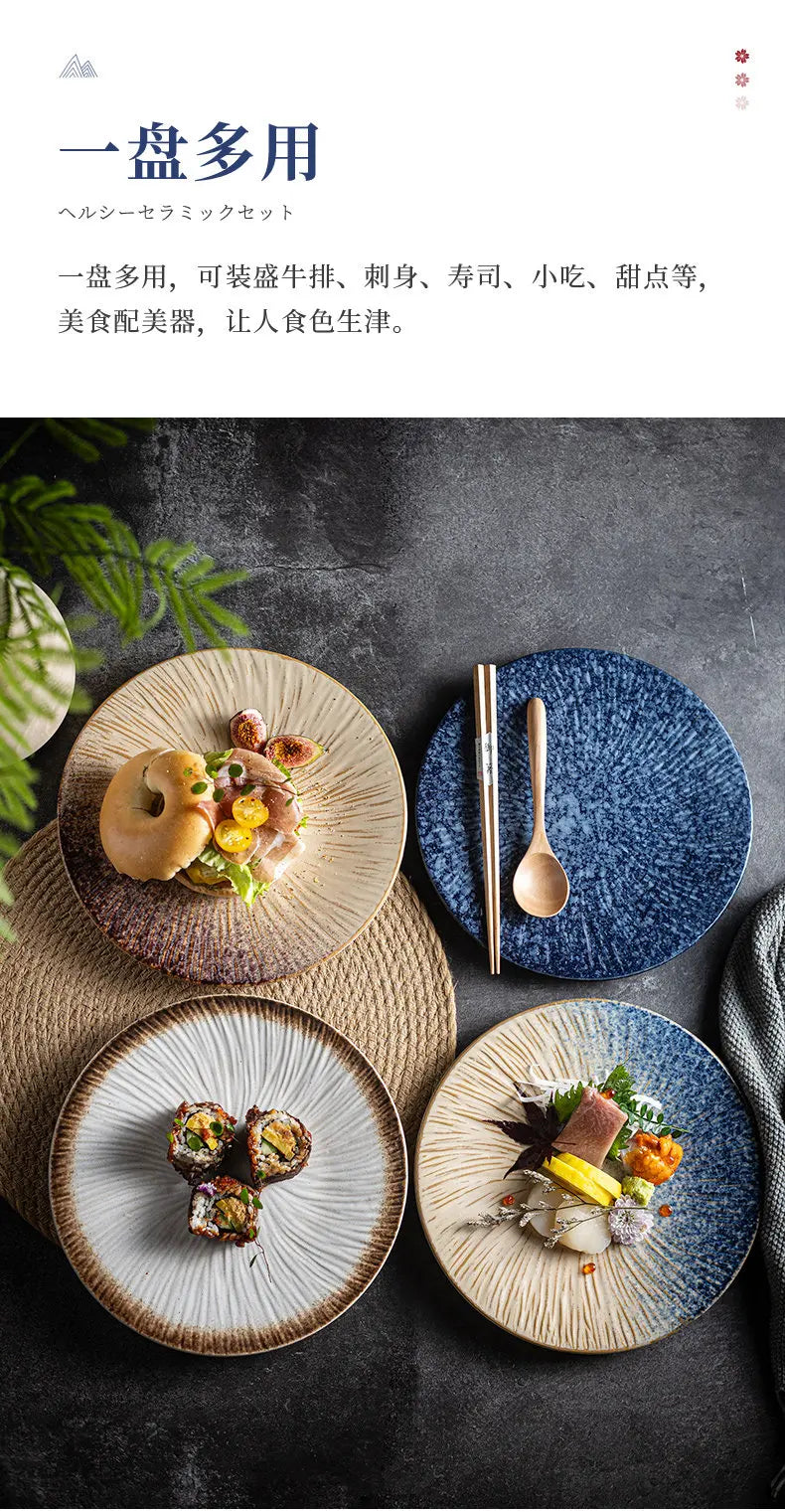 Ceramic Steak Plates Set Dinnerware Underglaze Flat Round Plates for Home Kitchen Restaurant Service