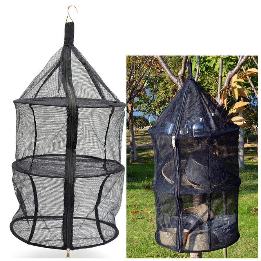Camping Supplies Three-Layer Folding Storage Net With Zipper Dry Rack Herb Bag For Herbs Flowers Buds Plants Tableware Fruits