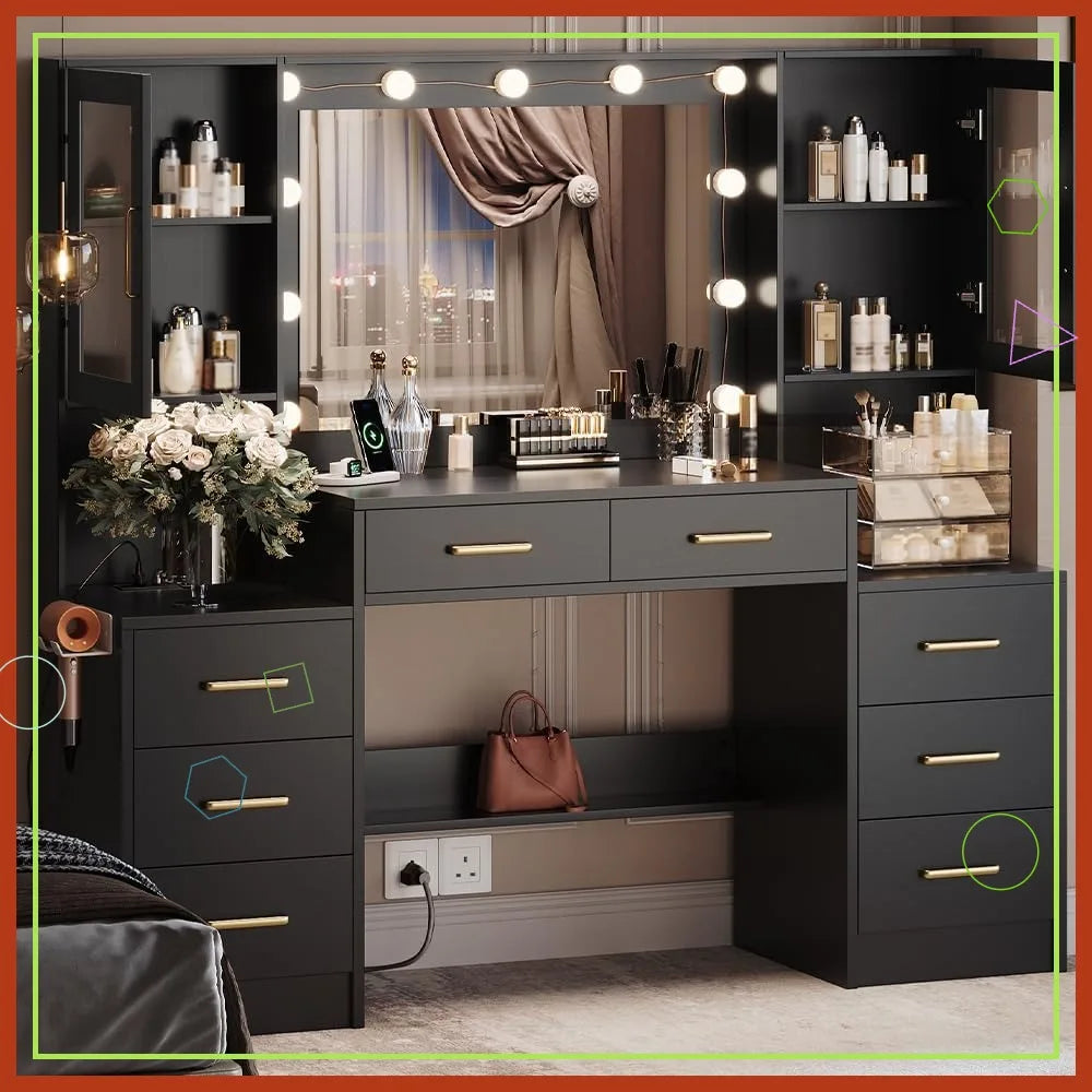 Black Vanity Desk with Mirror, Lights & Charging Station, 58.3" Makeup Table with 8 Drawers and Storage