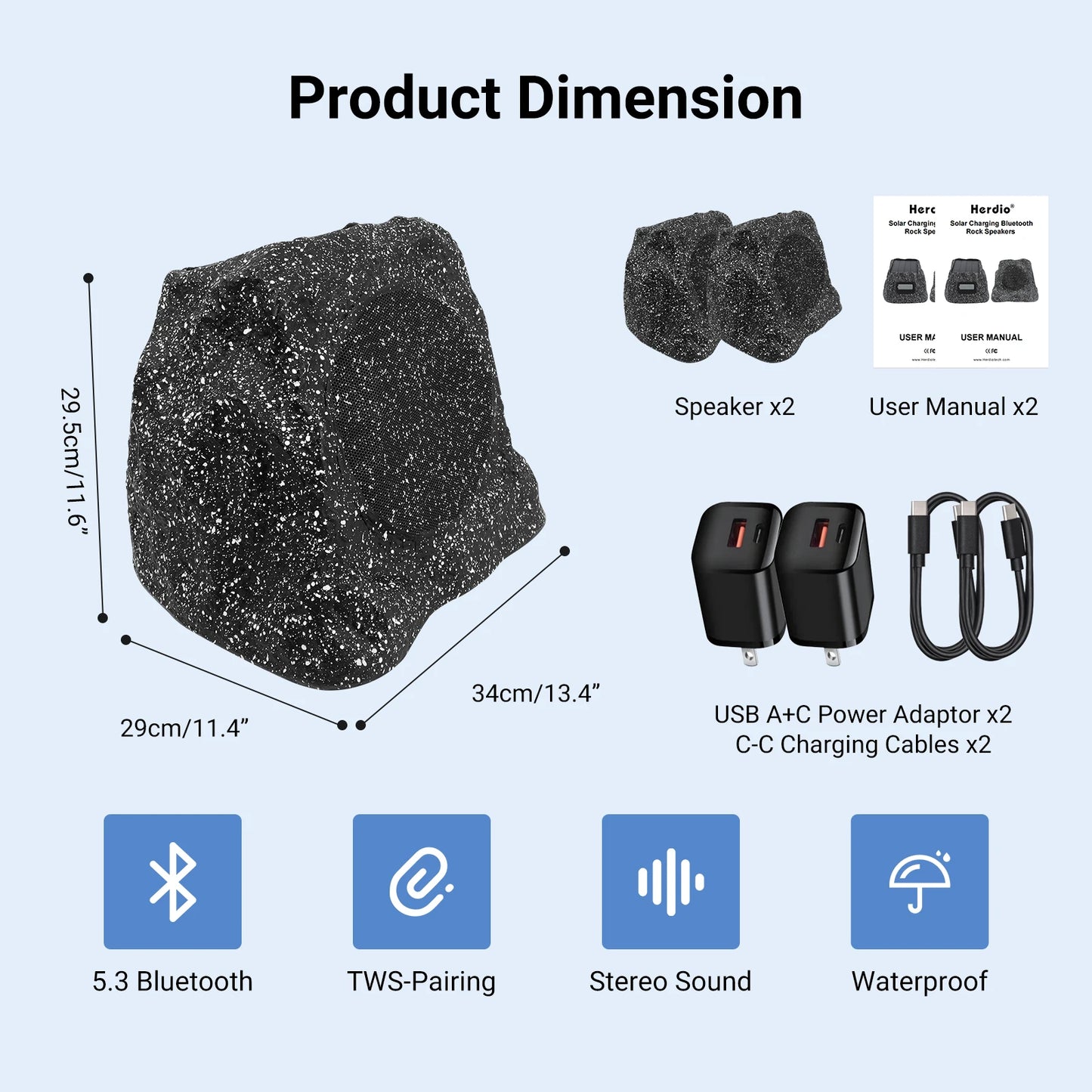 Herdio Outdoor Bluetooth Speaker IPX7 Waterproof Solar Powered