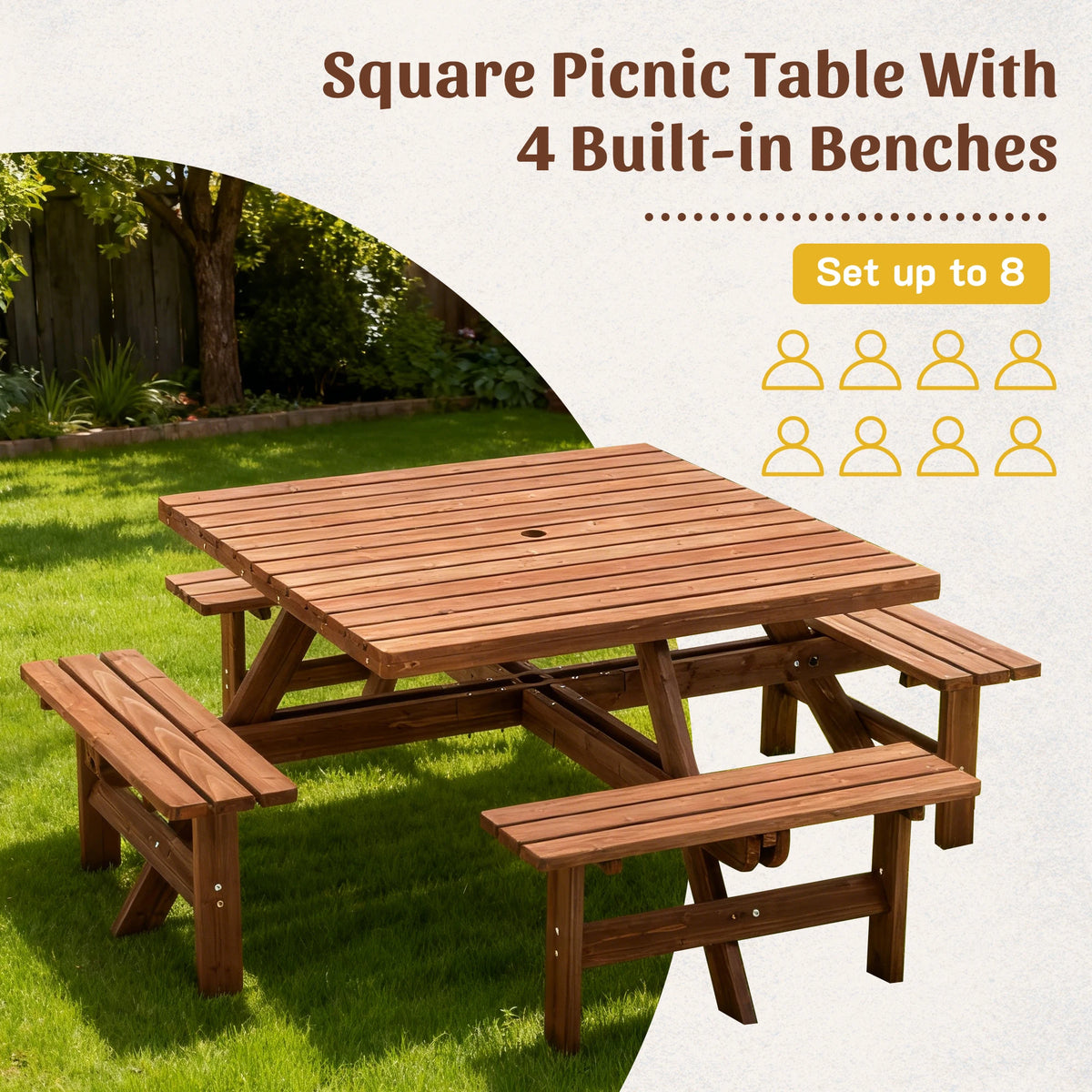 8 Person Square Picnic Table Umbrella Hole Waterproof Reinforced Structure Easy Clean Outdoor Dining Set Backyard Garden Camping