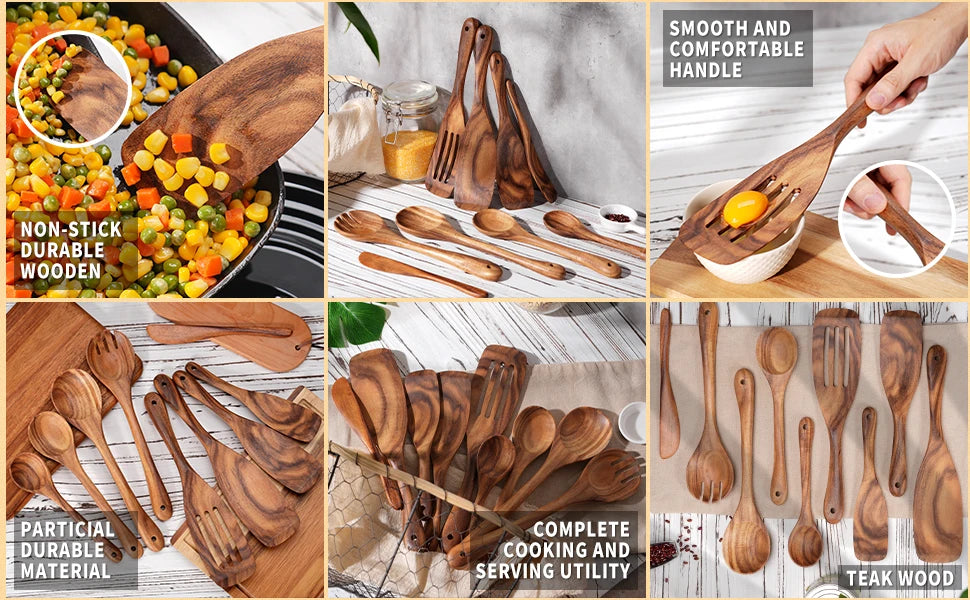 9 PCS Kitchen Utensils Set, Wooden Spoons for Cooking, Wooden Utensils for Cooking - Handmade Wooden Spoon Set