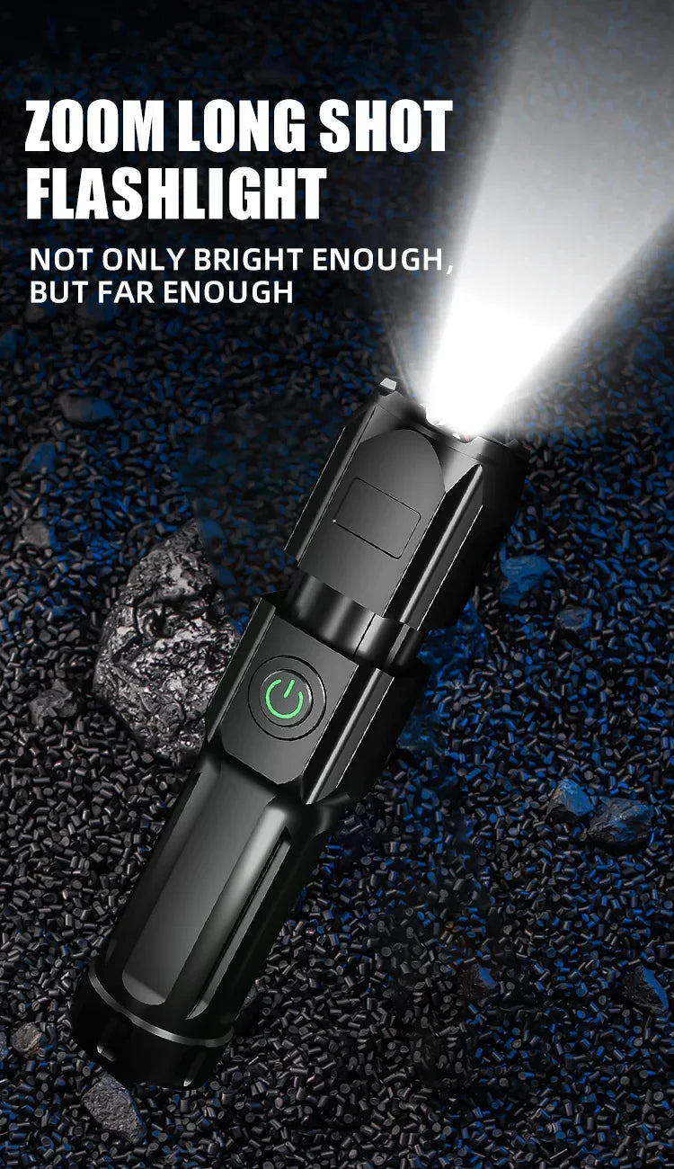 Compact USB Charging LED Flashlight Portable Telescopic Zoom Strong Light Focused Long-Range Household Emergency Lighting