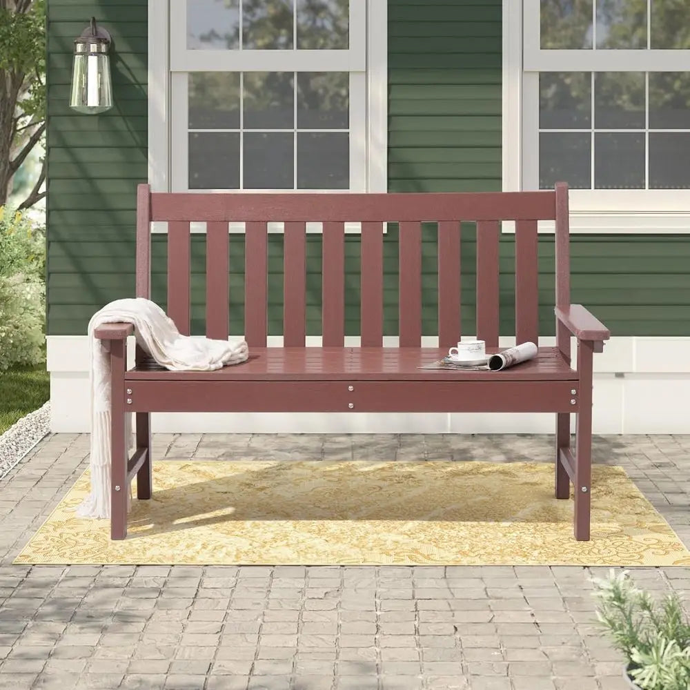 Weather-Resistant HDPE 2-Person Patio Bench with Wood Grain, Suitable for Lawn, Park, Backyard, and Entryway in Brown