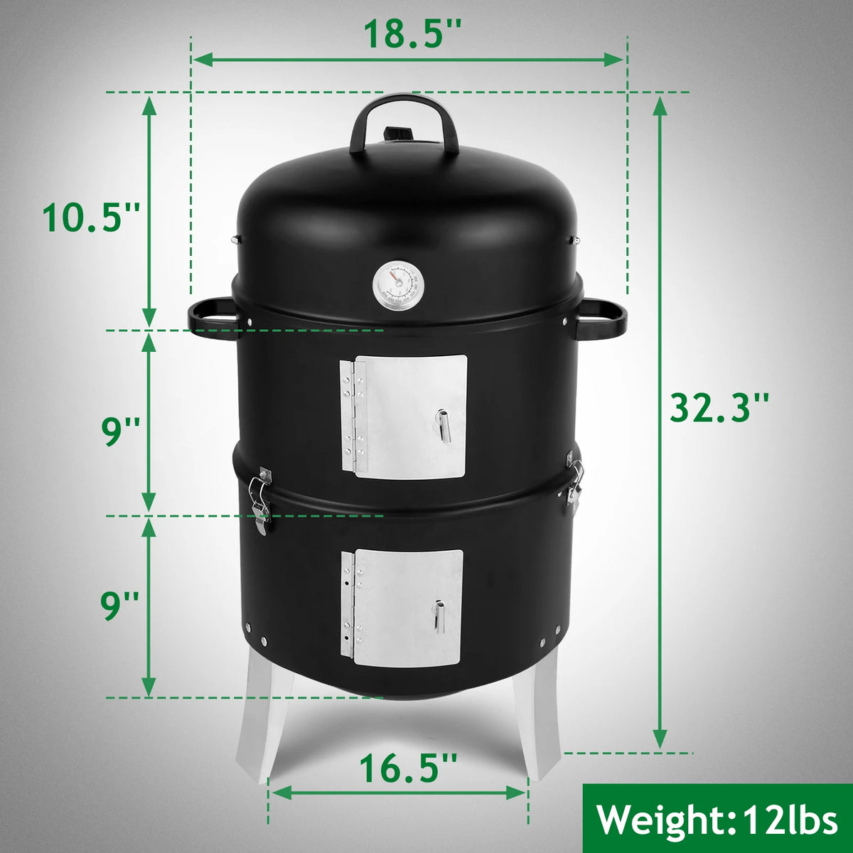 Vertical Steel Charcoal Smoker Heavy Duty Double Layer Round BBQ Grill for Outdoor Cooking Black with Thermometer Chrome Grates