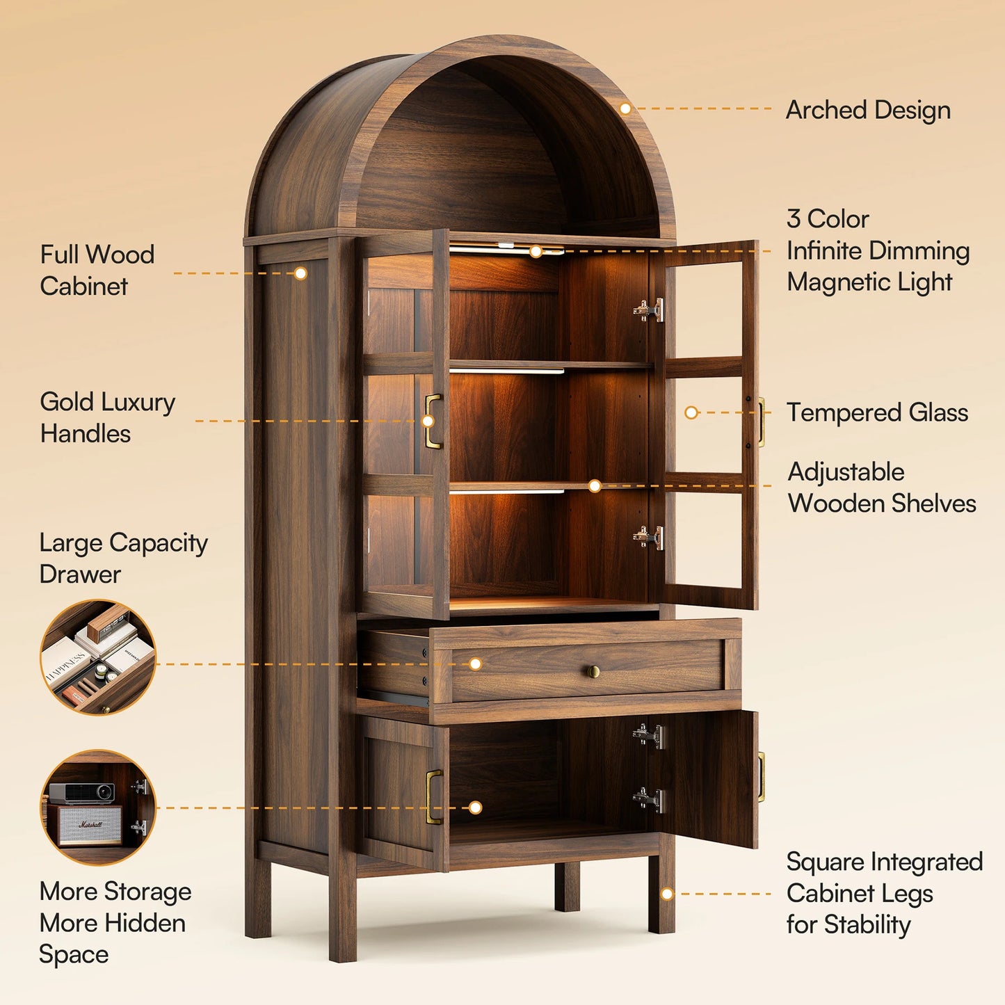 71 Inch Tall Full Wood Arched Storage Cabinet Adjustable Shelves Bookcase with Dimmable LED Lights for Living Room Bedroom