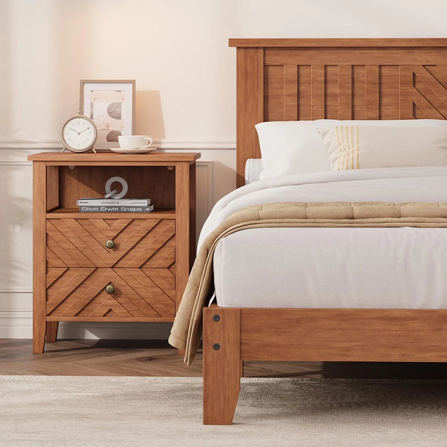 Full Queen King Wooden Platform Bed Frame With V Pattern Headboard, Noise Free Wood Slats, Underbed Storage, No Box Spring Needed