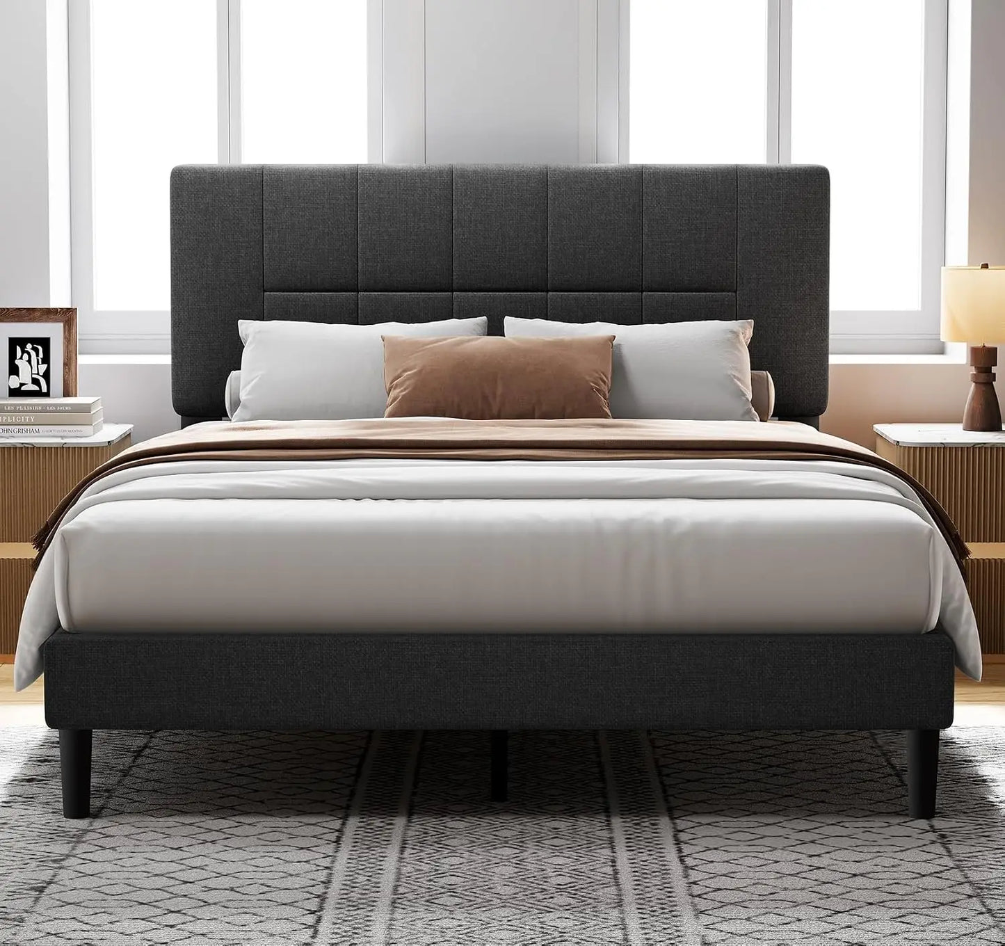Full Size Solid Wood Platform Bed Upholstered Headboard 2 Storage Drawers 12 Sturdy Legs Fit 6"+ Mattress, Custom