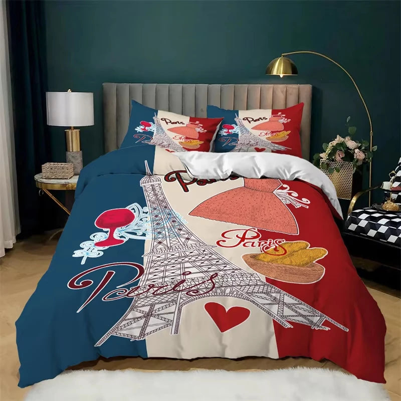 Eiffel Tower Duvet Cover Set Romantic Paris Tower Bedding Set French Style Home Decor Cityscape Quilt Cover King For Girls Boys
