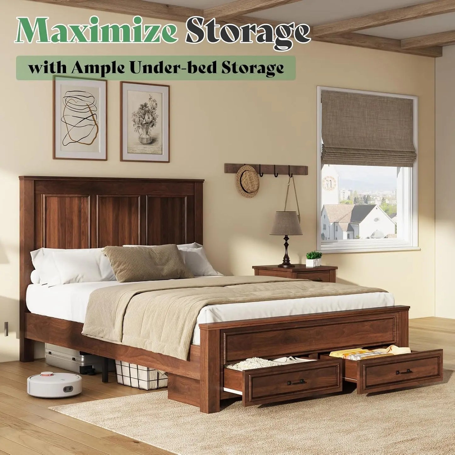 52.2" Queen Size Farmhouse Bed Frame with Headboard, Rustic Brown | Tall Panel Headboard & Footboard, Wood Platform Bed, Custom