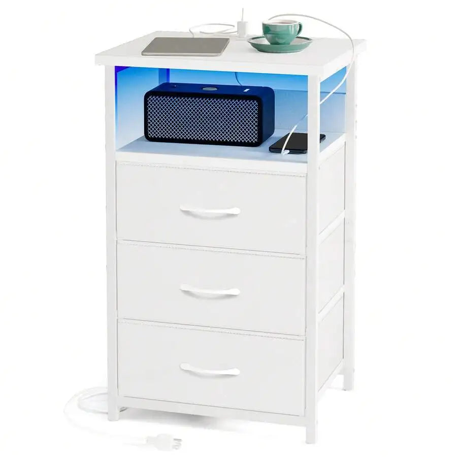 Tomnk Kids LED Dresser Nightstand With Charging Station, 3 Fabric Drawers USB Ports & Outlet, Aesthetic LED Nightstand For Kids Bedroom Decor With Cozy Glow, Modern Black/White