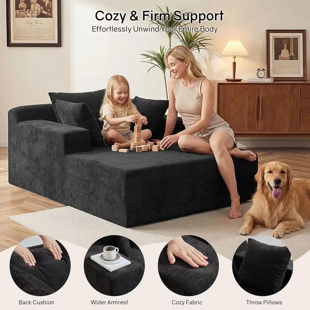 Oversized 66\" Chaise Lounge Chair Indoor Chenille Cloud Reading Chair with 3 Pillows for Living Room Bedroom