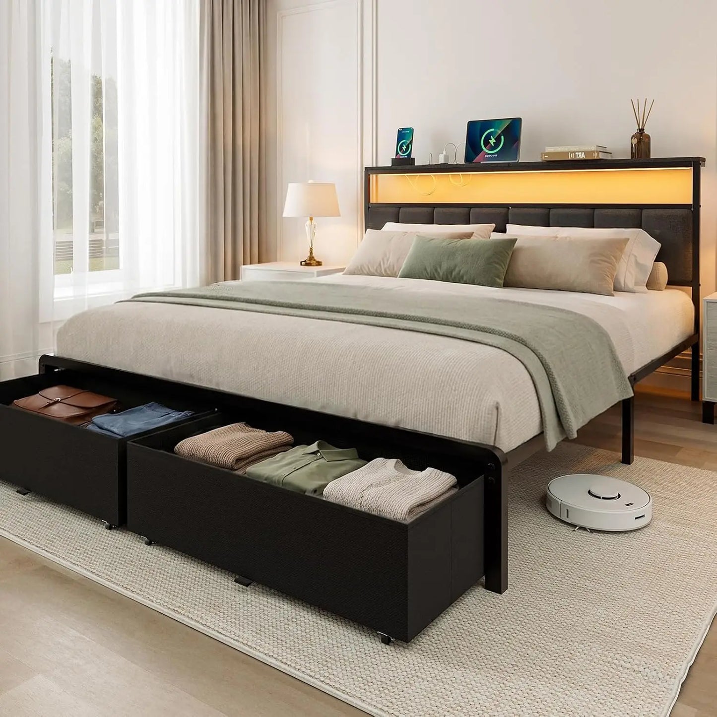 Luxury Upholstered Bed Frame With Spacious Storage Drawers