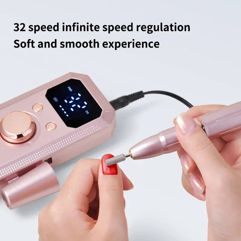 Professional Cordless Rechargeable Electric Nail Drill Machine, Portable Nail File with HD LED Display and 32 Adjustable Speeds, All-in-One Manicure Pedicure Tool for Acrylic Gel Nails Polishing, Grinding and Cuticle Remover,