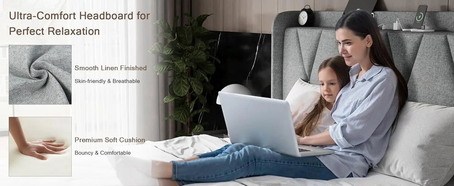 Bed Frame with 4 Storage Drawers and Charging Station Upholstered Platform Bed Frame with Storage Headboard No Box Spring Needed