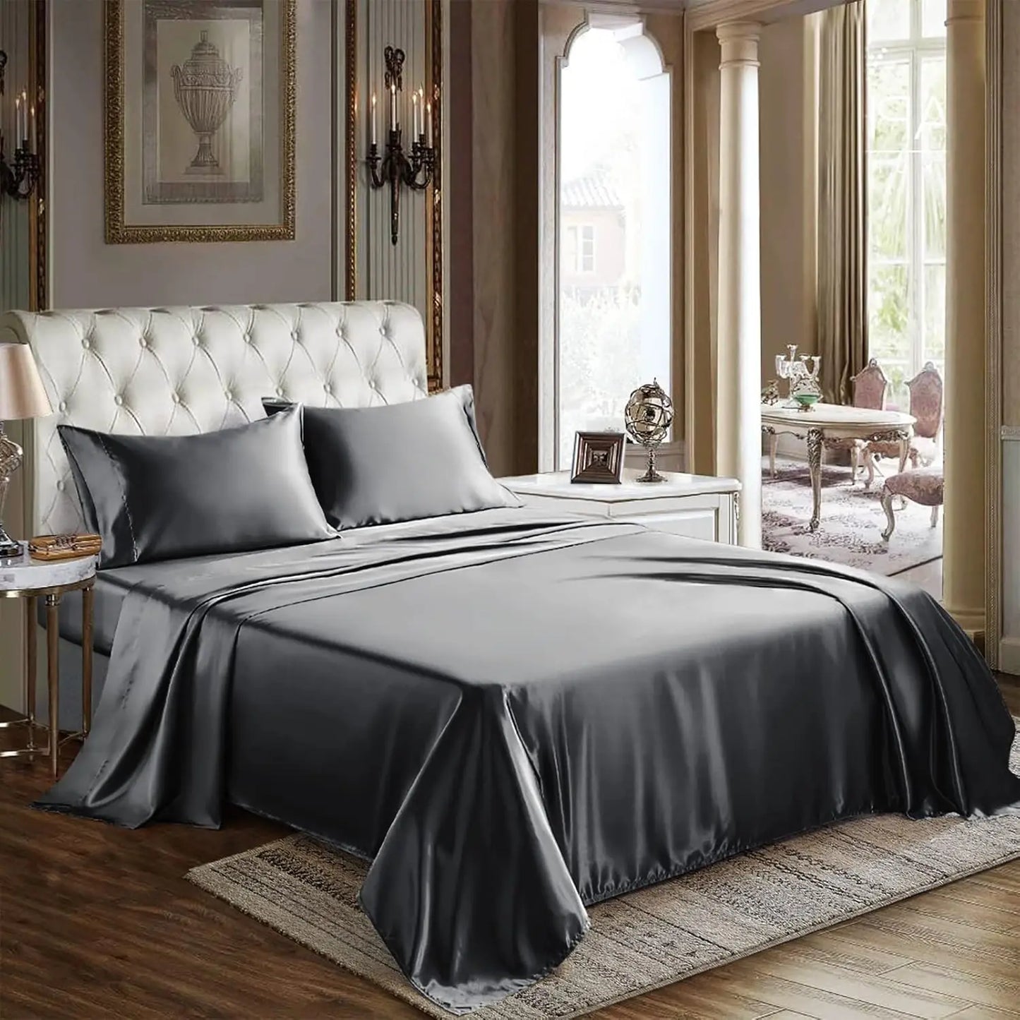 Satin Sheets Queen Size 4 Piece Bed Sheet Set with Silky Deep Pocket Fitted Sheet Flat Sheet and 2 Pillowcases