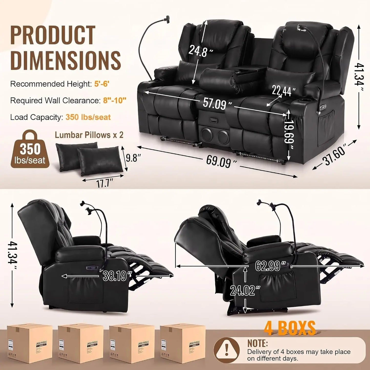 Power Recliner Loveseat for Living Room, Loveseat Sofa with Center Console, USB Type-C Port, PU Leather Chair with, Customized