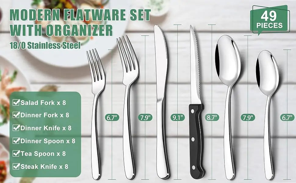 49-Piece Silverware Set with Organizer, Heavy Duty Stainless Steel Flatware Set for 8, Cutlery Utensil Sets with Steak Knives, Rust-proof, Mirror Polished, Dishwasher Safe, Heavy Duty