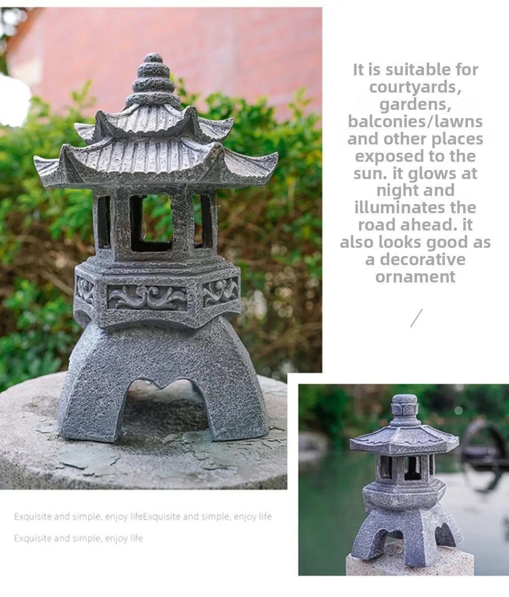 Solar Powered Lamp Garden Accessories Oriental Stone Pagoda Sculpture Zen Palace Lantern Outdoor Light Garden Ornament