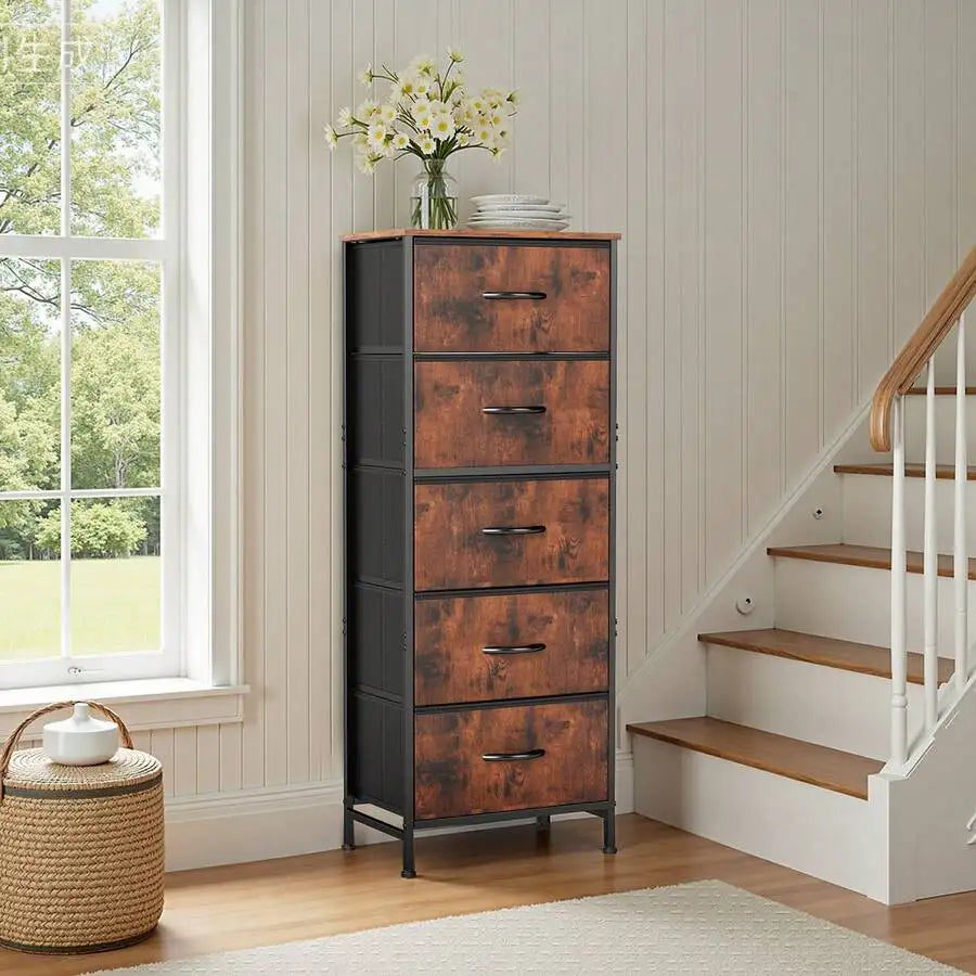Sweetcrispy 5 Drawer Dresser With Fabric Bins, Sturdy Steel Frame And Wood Top, Storage Organizer Chest For Bedroom, Closet, Hallway, Black