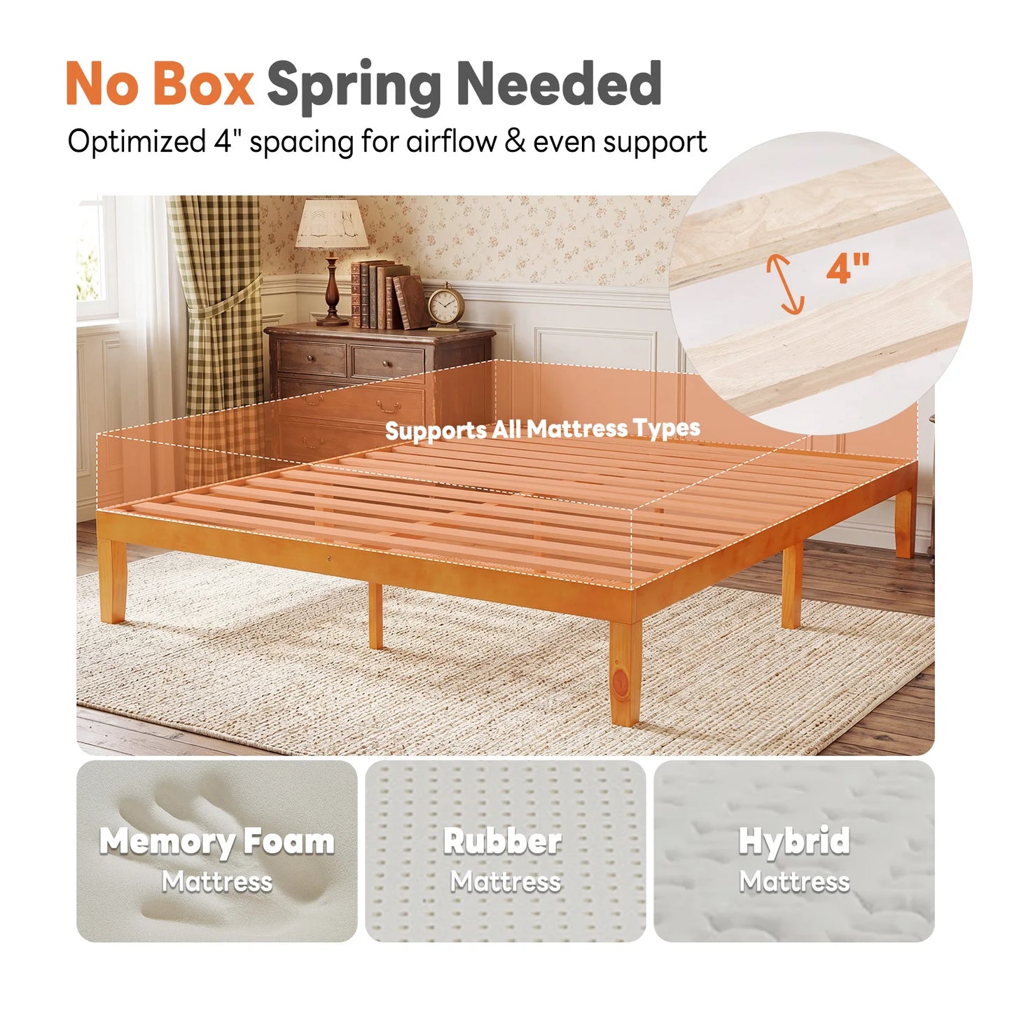 MCQ 14 Inch Thick Solid Wood Bed Frame 700 lbs Capacity Platform Bedframe with Wooden Slats Support Noise-Free No Box Spring Needed Easy Assembly