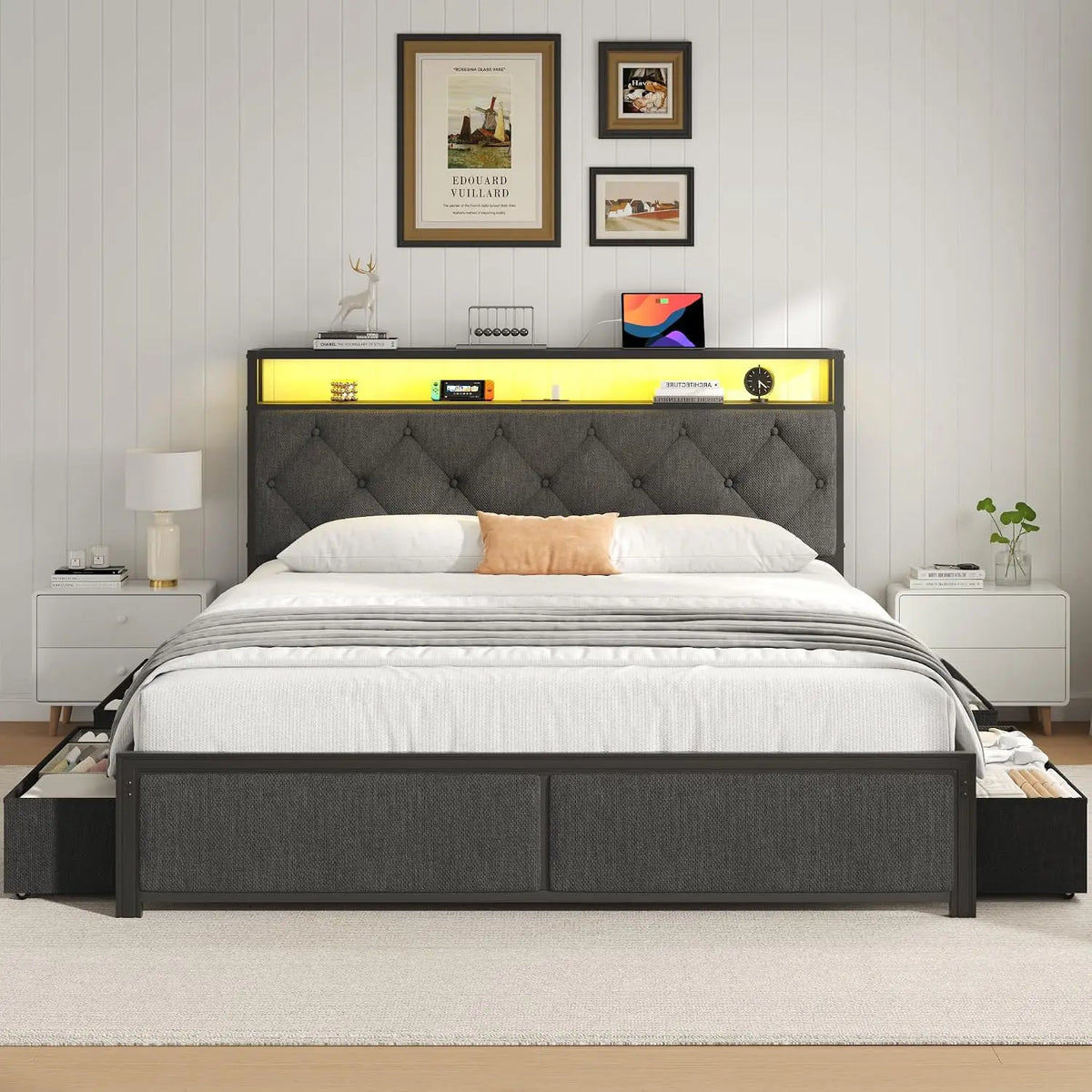 Modern Upholstered Bed Frame With Integrated Led Charging Port
