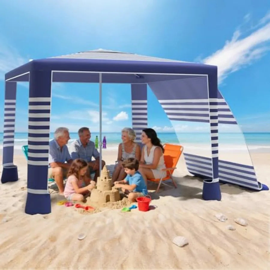 Beach Cabana Tent for outdoor use, polyester fabric, beige, UPF 50+ sun protection, foldable with adjustable height, 8'×8' size