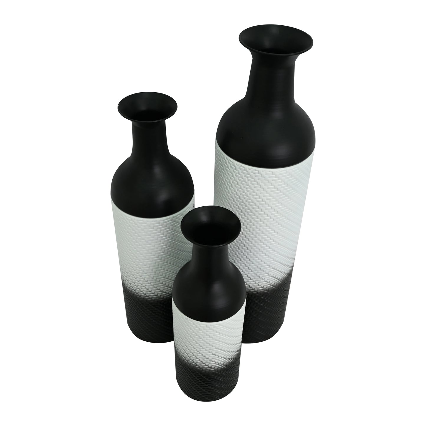3-Tier Metal Floor Vases Set, Black & White Leaf Pattern Tall Vases, Modern Art Home Decor for Living Room Entryway
