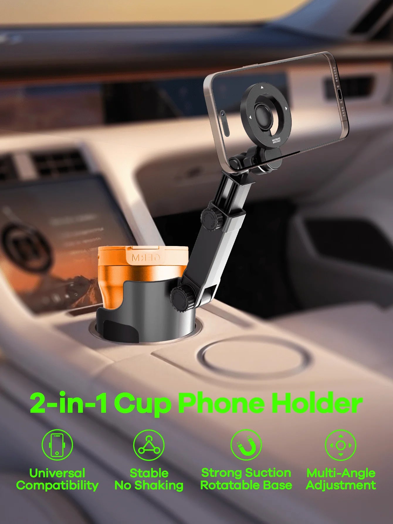 2-In-1 Universal Car Cup Holder Expander With Phone Holder, Adjustable Height And Angle, 360° Rotatable, Non-Slip Design
