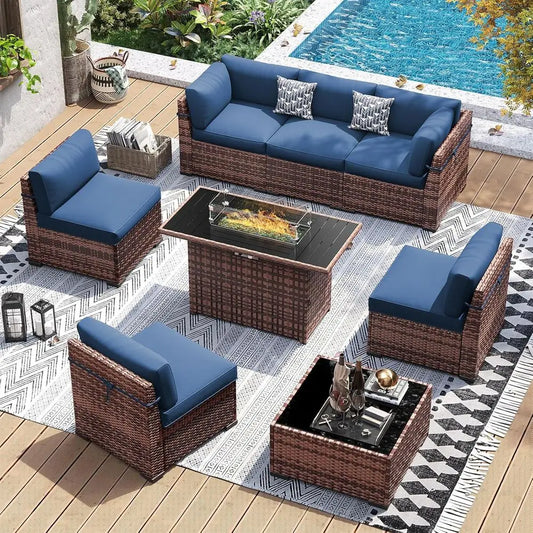 Outdoor Rattan Fire Pit Set With Slanted Back Sectional