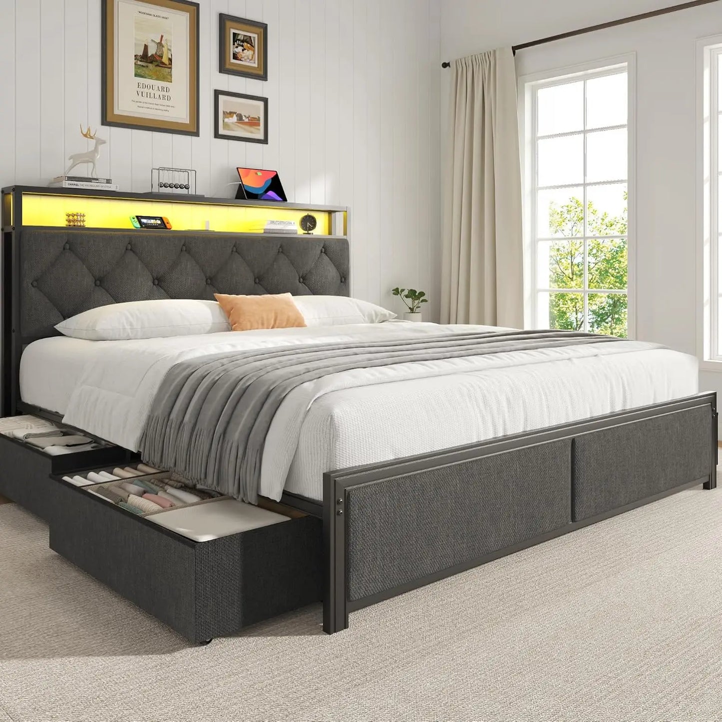 Modern Upholstered Bed Frame With Integrated Led Charging Port