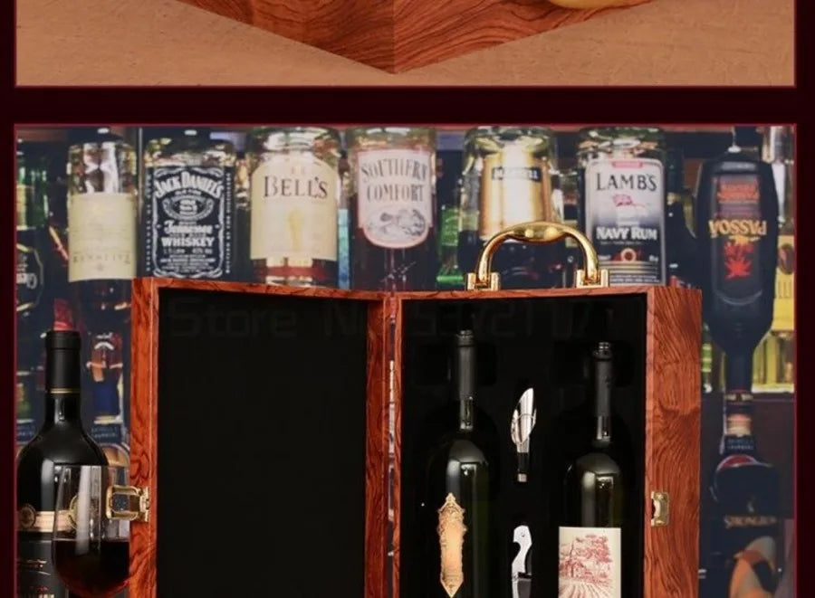 Double Leather Box Wine Bottle Box Luxury Handle Wooden Wine Box Organizer Gift Wood Wine Holder for Red Wine Champagne