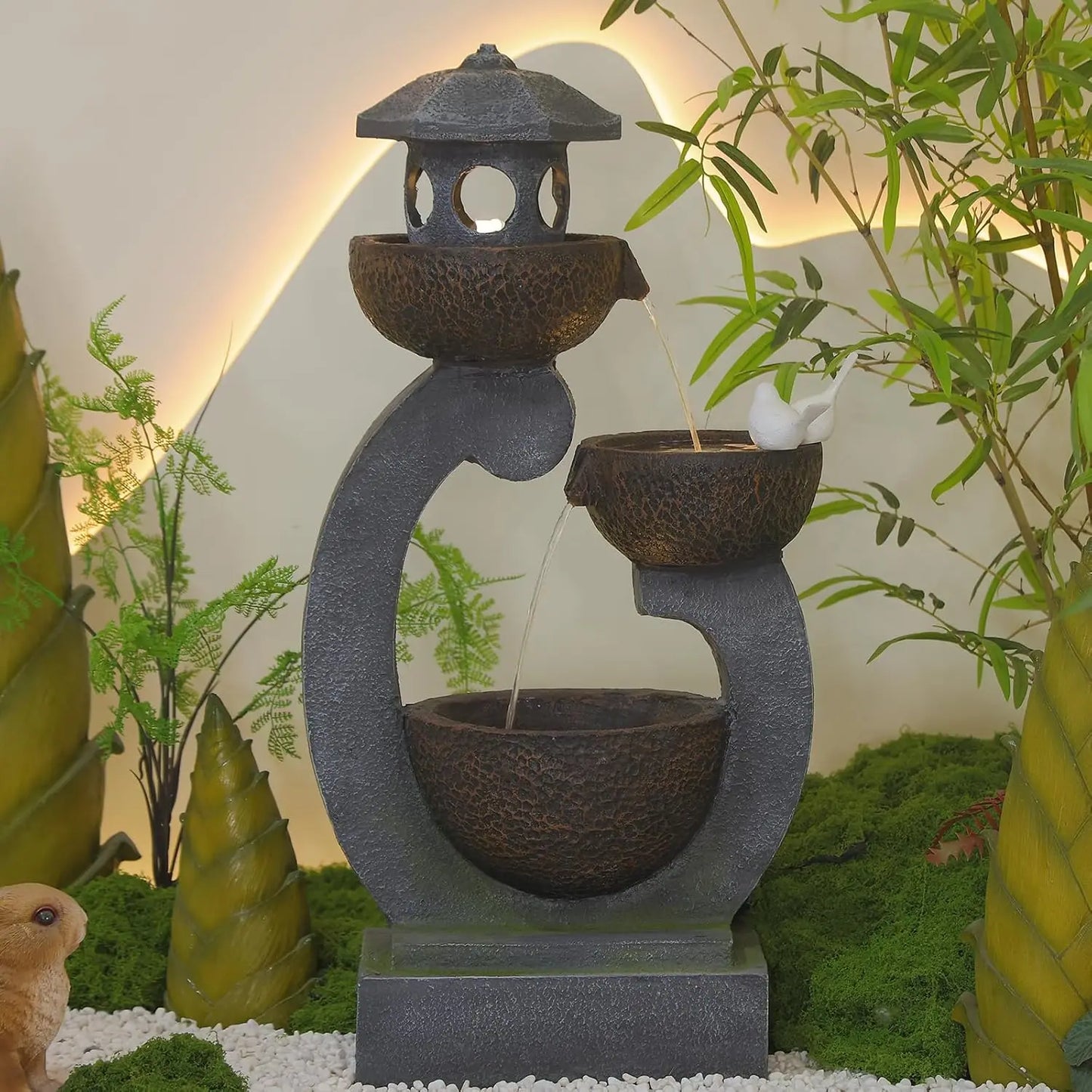 Water Fountain Outdoor Zen Feature - Garden Tranquil Pagoda Waterfalls Fountains Bowl with LED Lights & Pump for Patio Yard Porc
