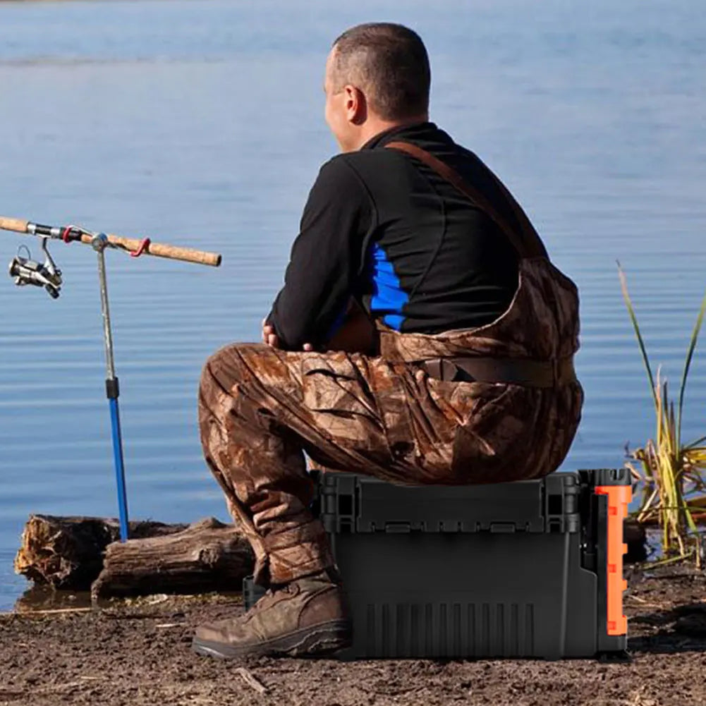 2 Tier Fishing Tackle Box Fishing Gear Box with Cup & Rod Holder Fishing Gear Carry Case Fishing Tool Box Fishing Accessories