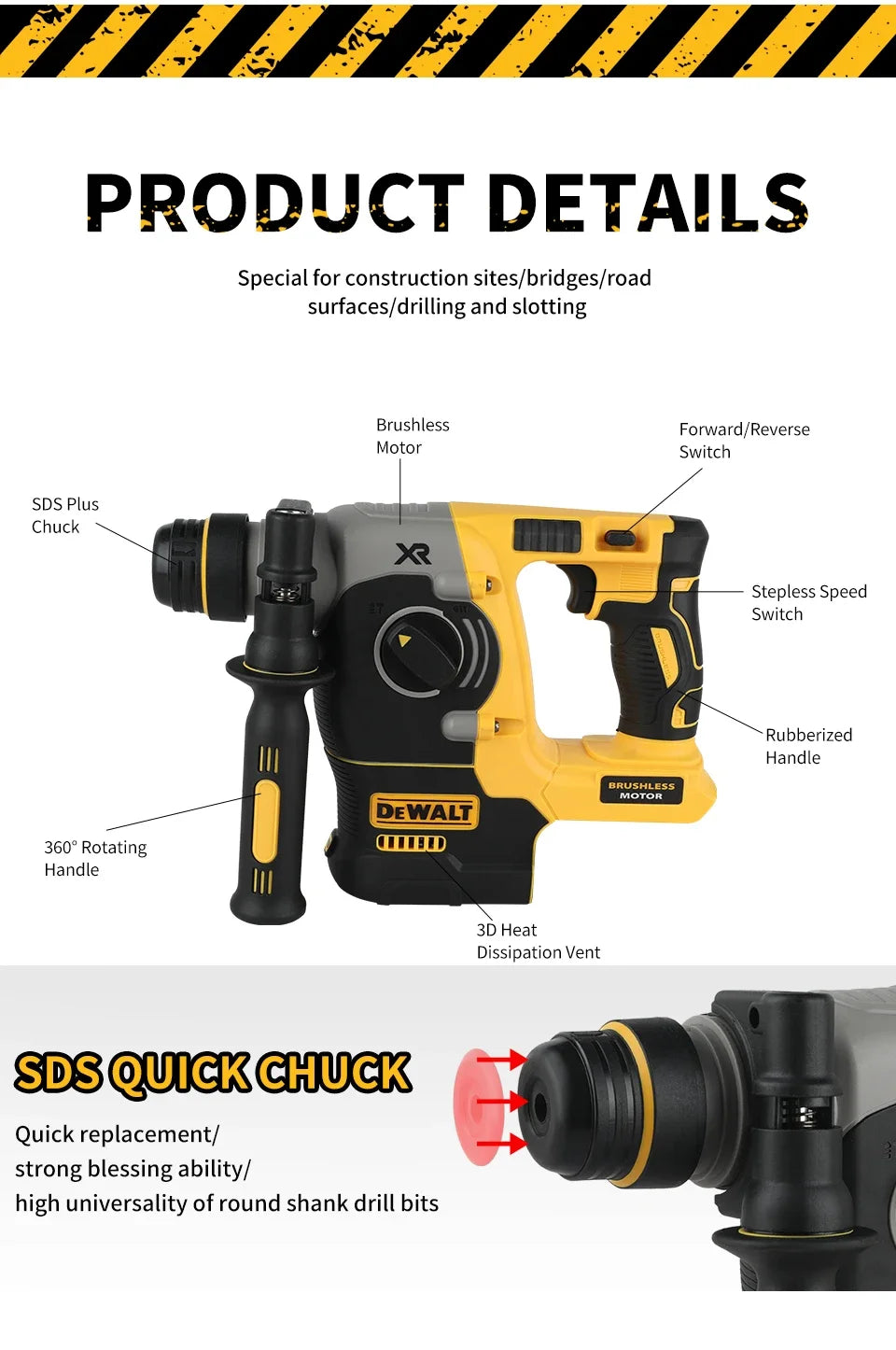 DEWALT DCH273 Rotary Percussion Drill 18V/20V MAX SDS Brushless 1 Inch PLUS L-shaped Woodworking Impact Drill（no Battery）