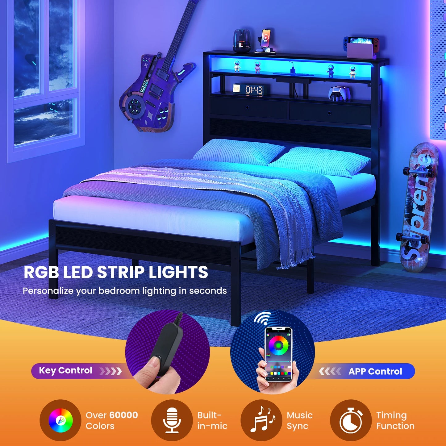 Metal Platform Bed Frame With Integrated Storage Led Headboard